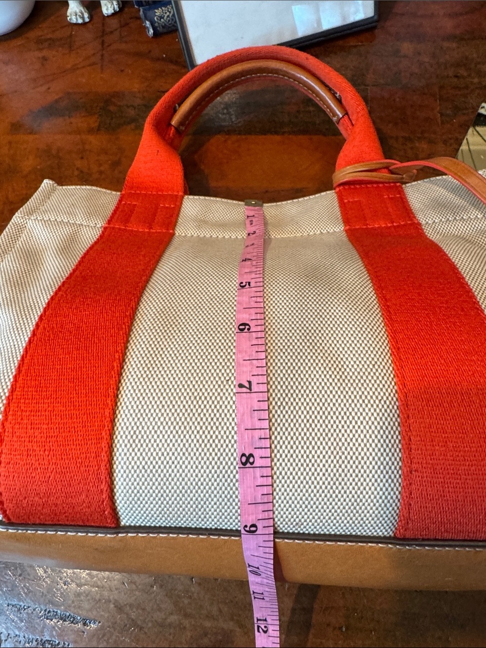 Tory Burch Canvas Tote with Red Straps and oversized Charm - Picture 12 of 13